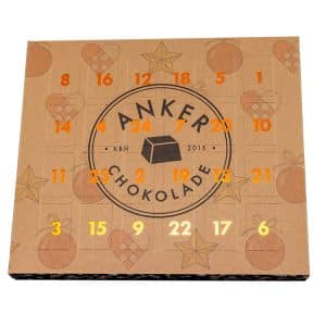 Julekalender med økologiske fyldte chokolader (til 2 pers.) fra Anker Chokolade (forudbestil)