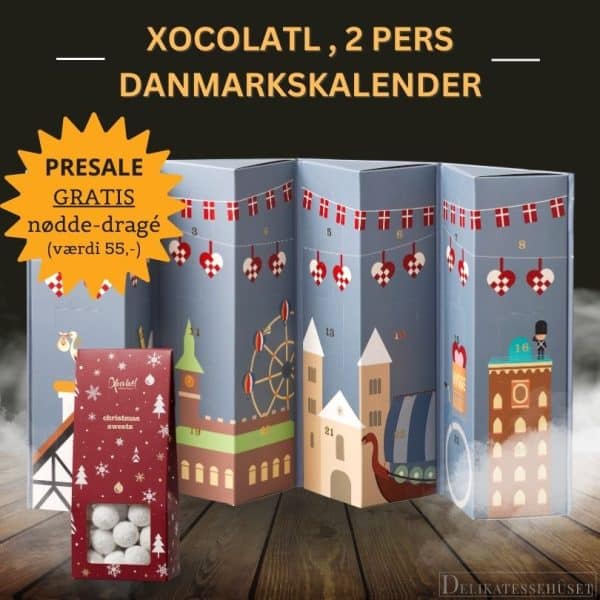 PRESALE Julekalender - Danmarkskalender med blandet slik (til 2 pers) + GRATIS mandel-dragé
