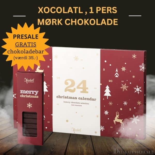 PRESALE Julekalender - mørk fyldt chokolade fra Xocolatl + GRATIS chokoladebar